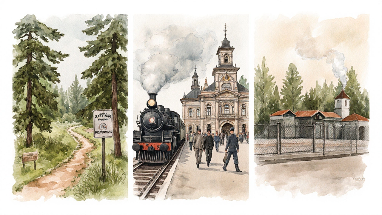 Акварельный набор: национальный парк, железнодорожный вокзал и военный объект.