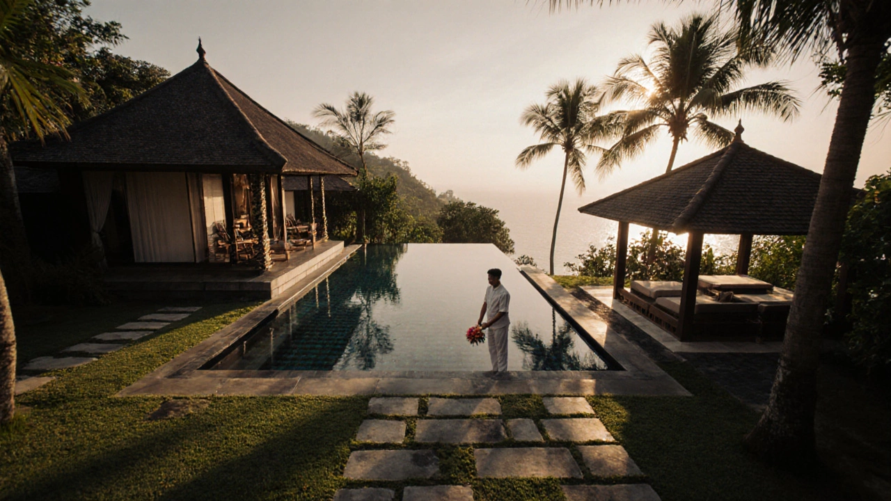 Частная вилла в Бали с бассейном с видом на океан и тропическими садами.