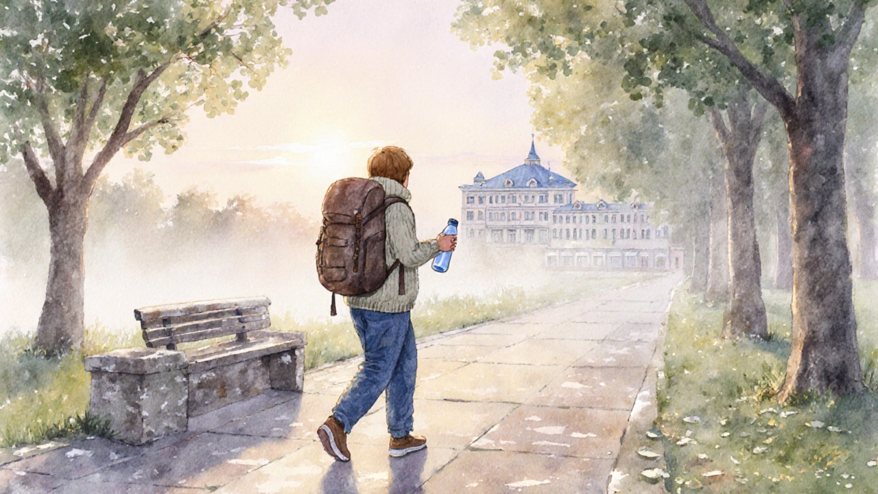 Человек в теплом свитере идёт по санаторной аллее с небольшим рюкзаком.