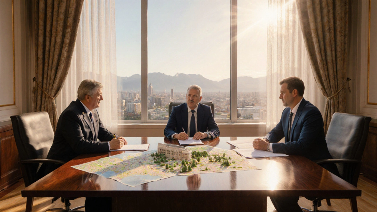 Деловая встреча в офисе администрации с картой города и моделью санатория.