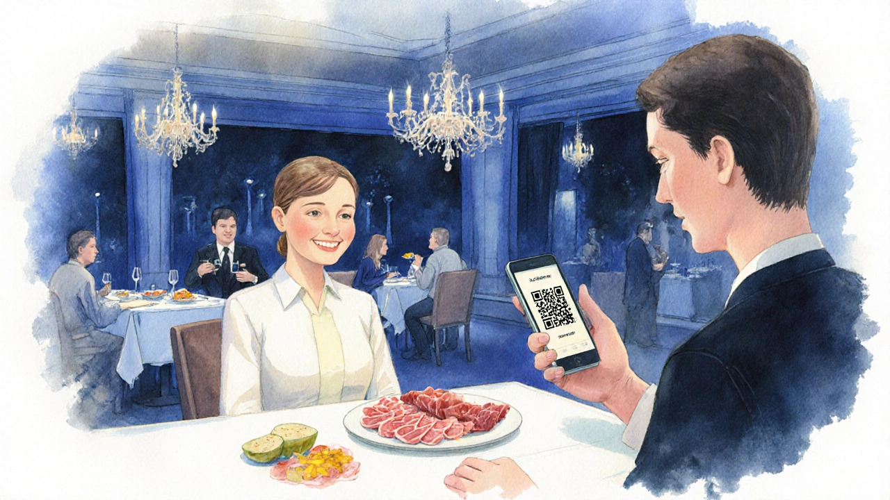 Гость использует мобильный QR‑код для повторного входа в буфет вечером, улыбаясь.