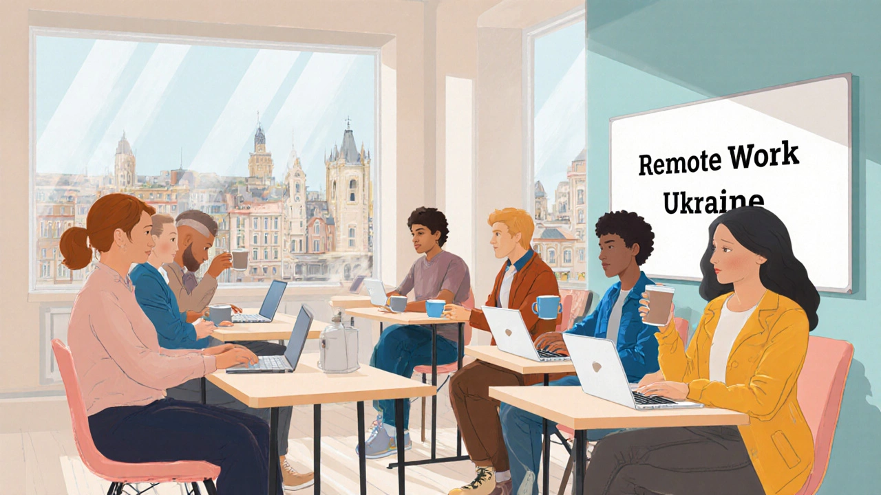 Группа людей работает в коворкинге в Львове с видом на город