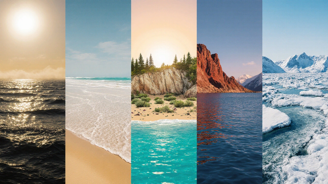 Коллаж пяти российских целебных морей со специфическими ландшафтами и атмосферой исцеления.