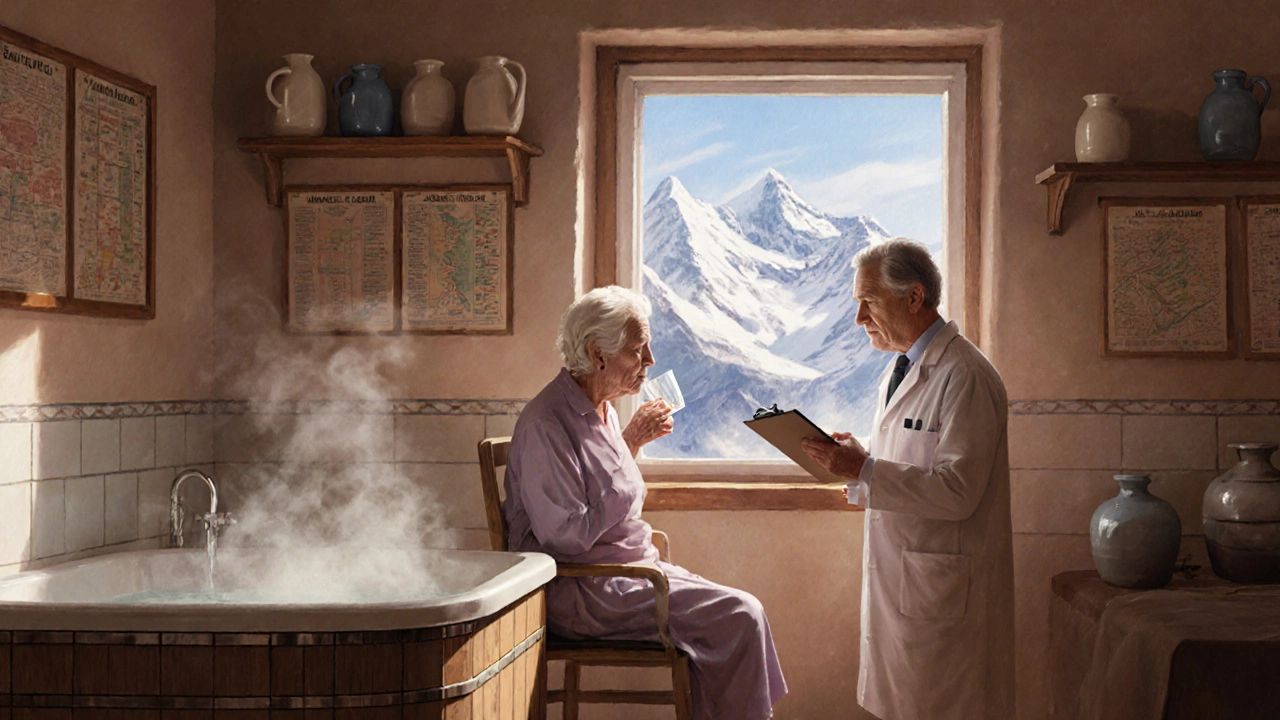 Пациент пьёт минеральную воду в винтажном санатории под наблюдением врача с видом на горы.
