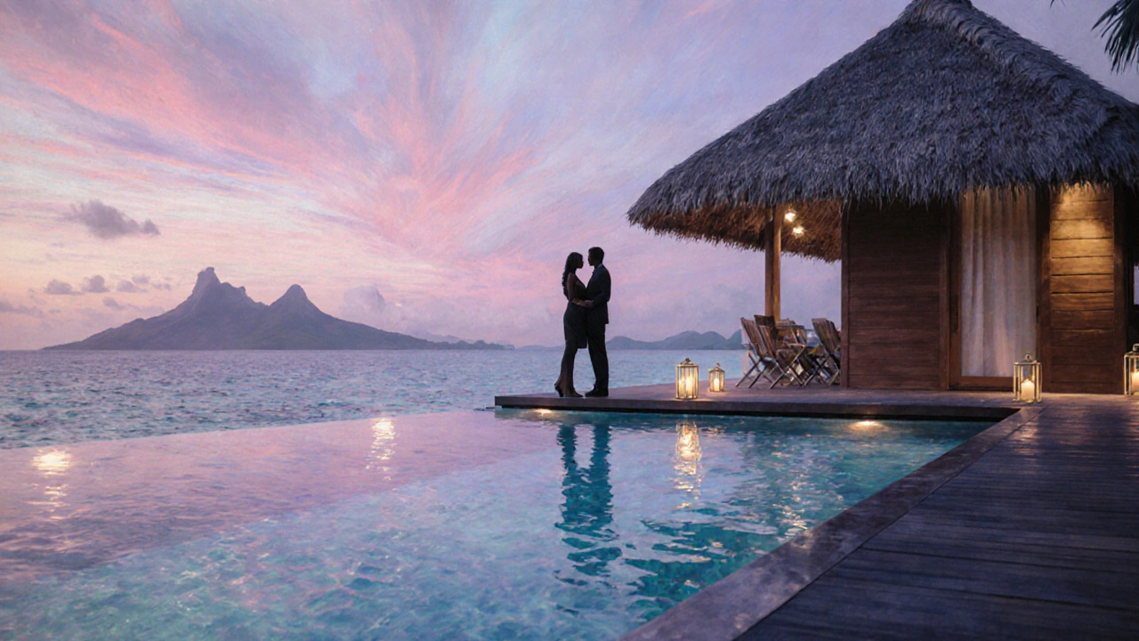 Пара на частной вилле над водой в Бора‑Бора, освещённая лунным светом, с нежным океанским фоном.