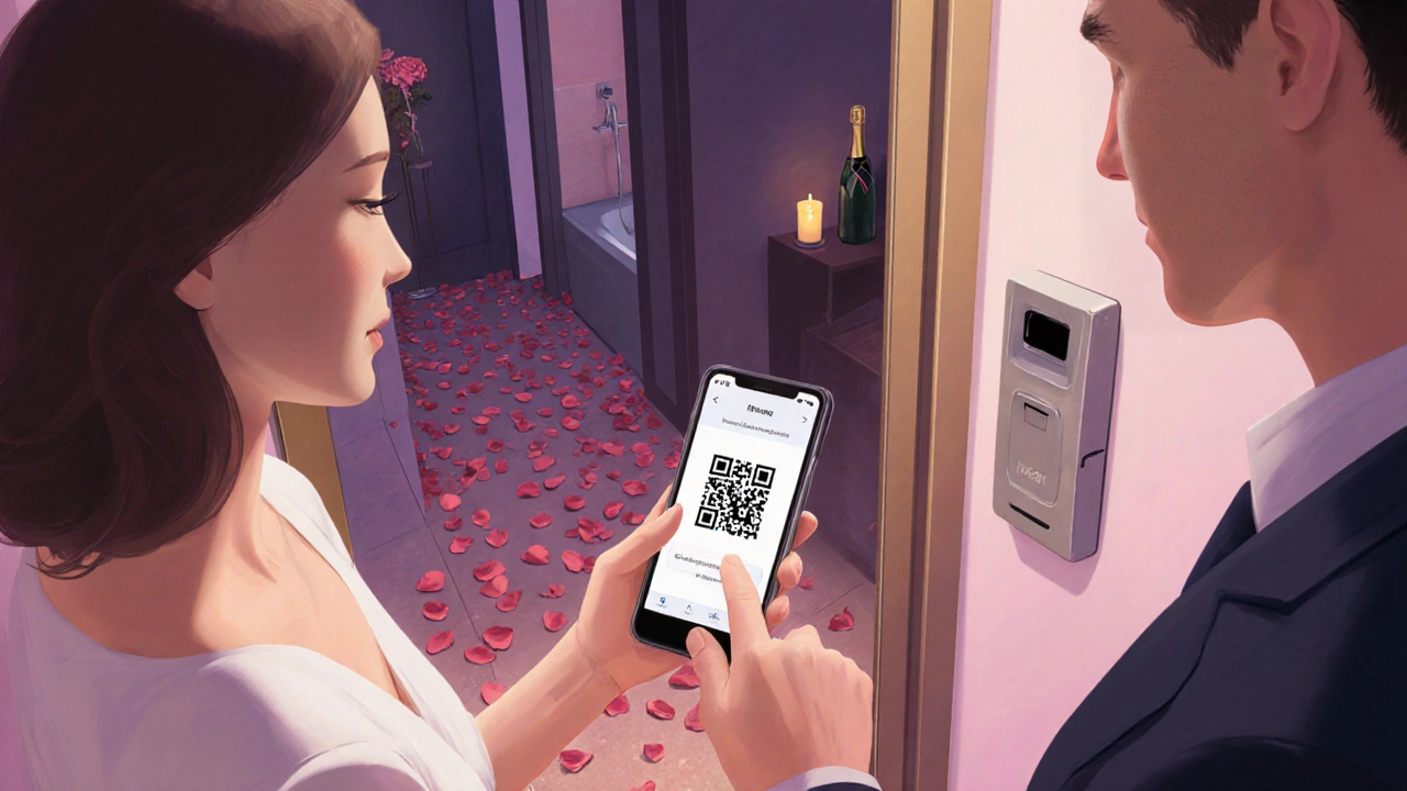 Пара сканирует QR‑код и открывает дверь в романтический номер с шампанским и розами.