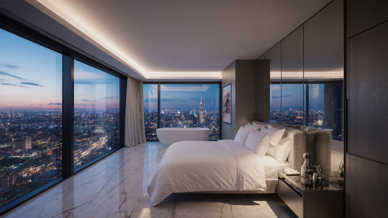 Пентхаус в Москве с панорамными окнами и видом на город на закате.