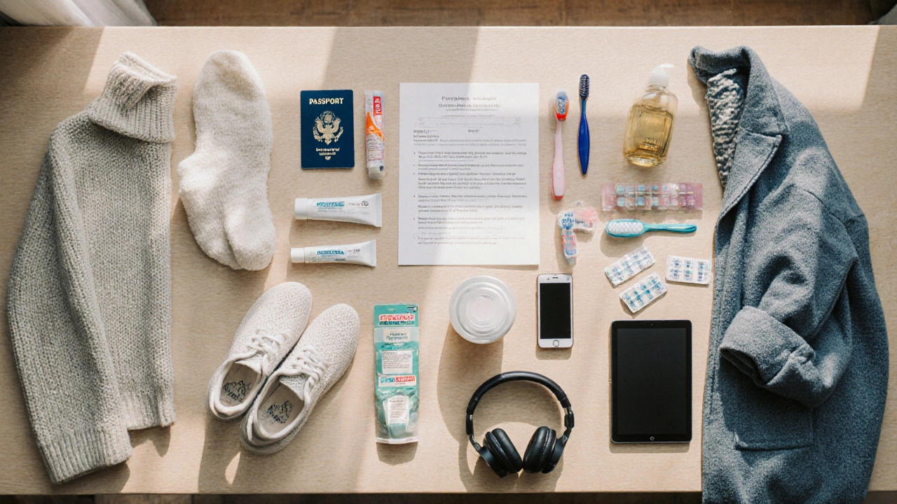 Плоская раскладка на столе: документы, одежда, гигиена, лекарства и техника для санатория.