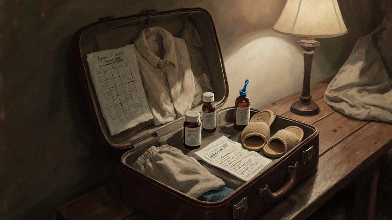 Распакованный чемодан с лекарствами и удобной одеждой для санатория.