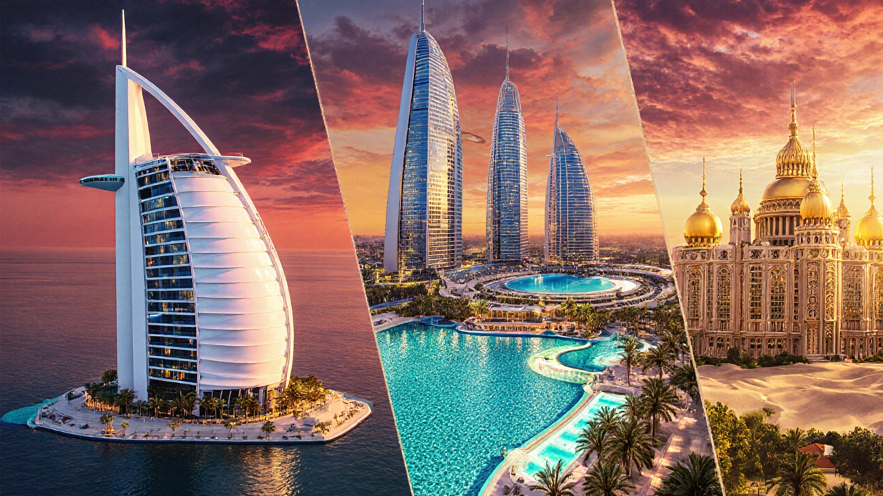Силуэты трех знаменитых отелей: Burj Al Arab, Marina Bay Sands и Emirates Palace под закатным светом.