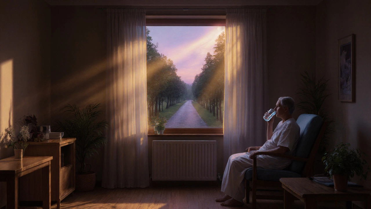 Спокойный пациент у окна санатория, пьёт минеральную воду на закате.