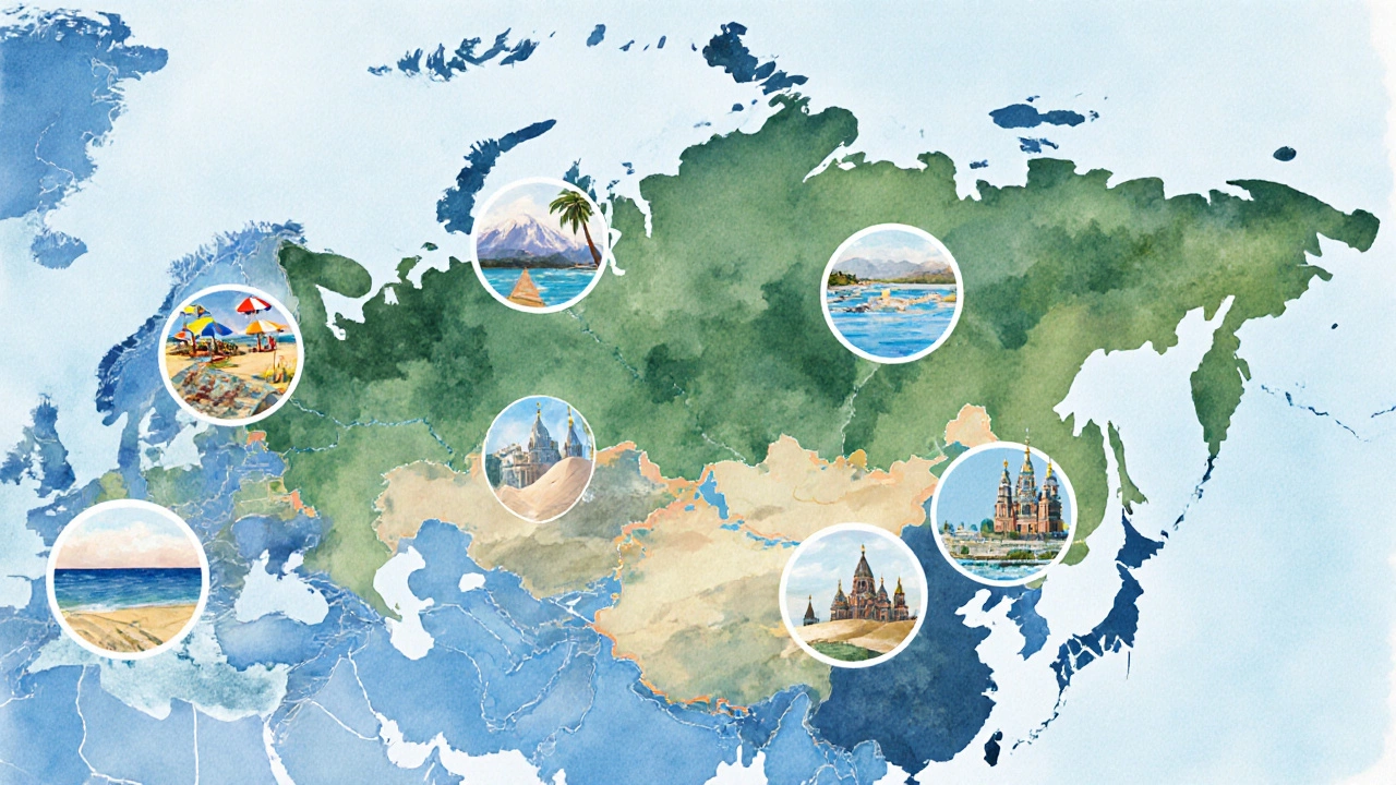 Стилизованная карта России с выделенными регионами дешевых курортов, каждый в виде миниатюрного пейзажа.