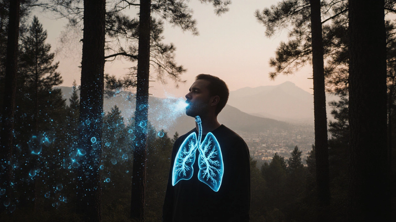 Видимые очищающие частицы воздуха в лесу Кисловодска, человек делает глубокий вдох на рассвете.