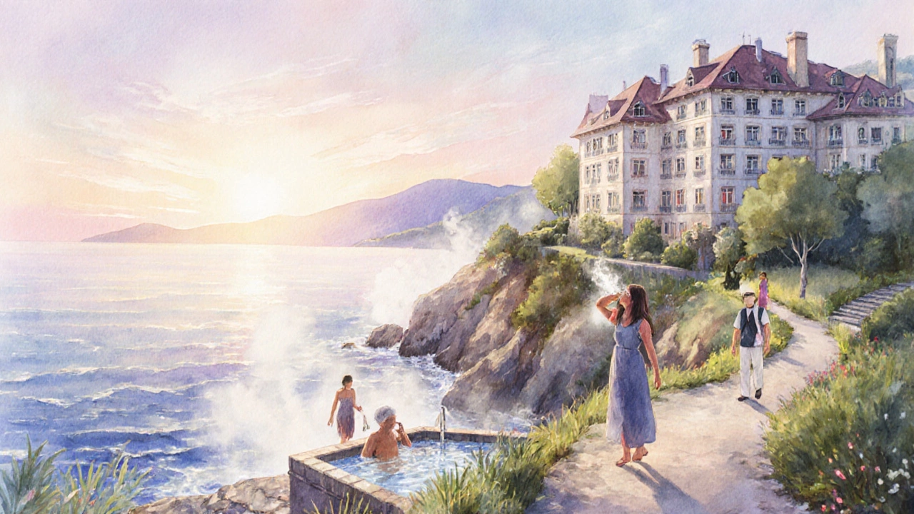 Водяная иллюстрация санатория у моря с людьми, занимающимися лечебными процедурами.