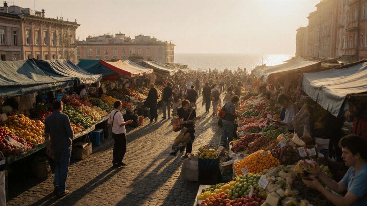 Живой рынок в Одессе с фруктами, овощами и видом на Чёрное море