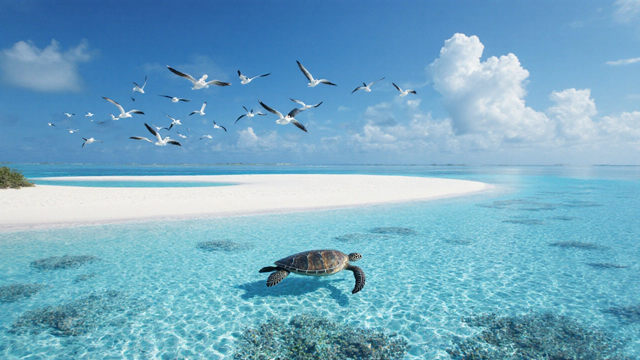 Альдабра — чистейшее море на Земле: черепаха в прозрачной воде, без следов человека.