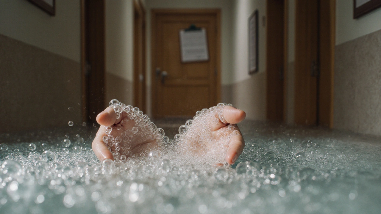 Ближний план рук в углекислой ванне, множество мелких пузырьков поднимаются к поверхности воды, мягкий свет отражается в воде.