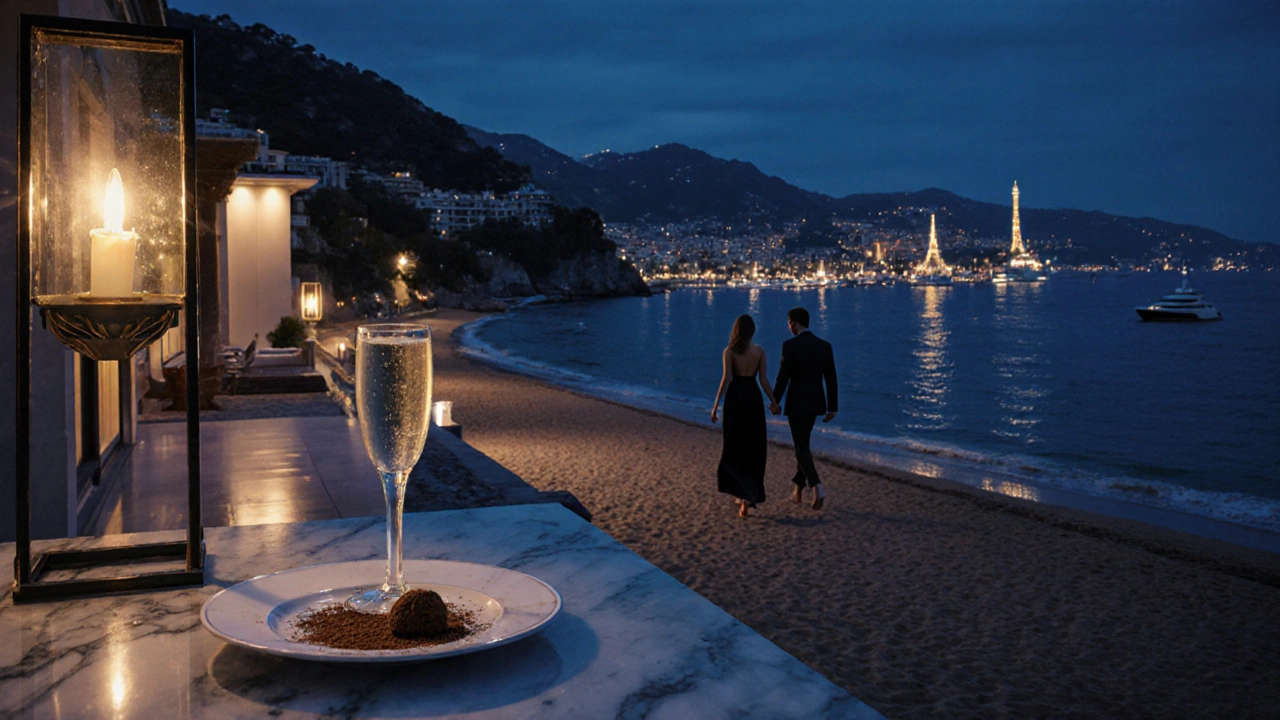 Частный пляж на Лазурном берегу с виллой и тихой ночью у моря.