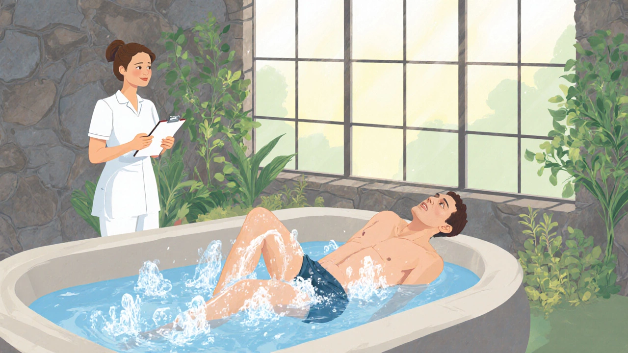 Гидромассажная ванна воздействует на тазобедренный и коленный суставы под наблюдением терапевта.