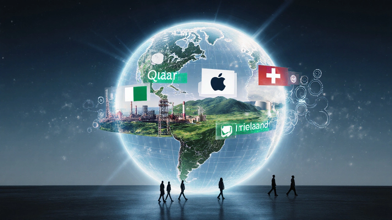 Глобус с символами богатства Катара, Ирландии и Швейцарии