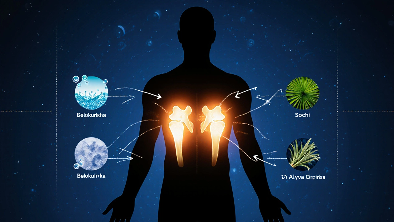 Календарь с четырьмя российскими санаториями и символами их лечебных ванн, соединёнными с телом.