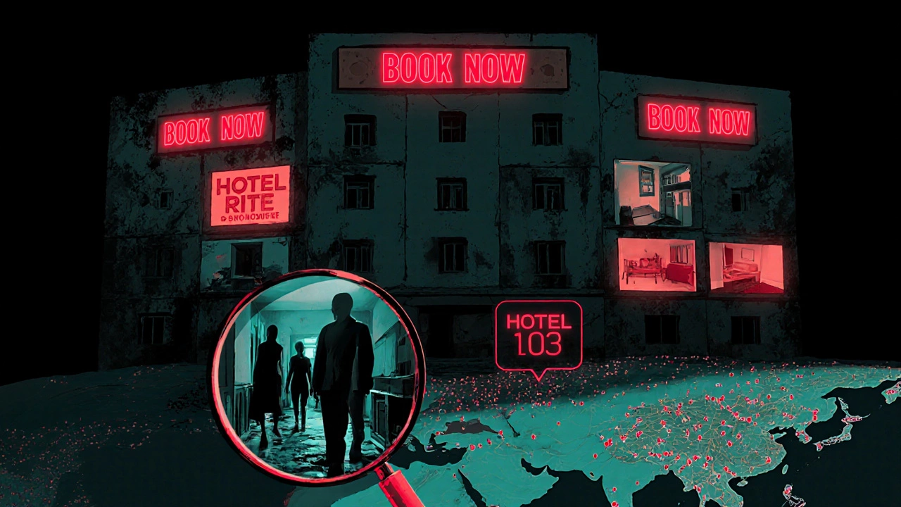 Карта с символами кошмарных отелей Азии и надписями &#039;Забронировать сейчас&#039; над разрушающимся зданием.