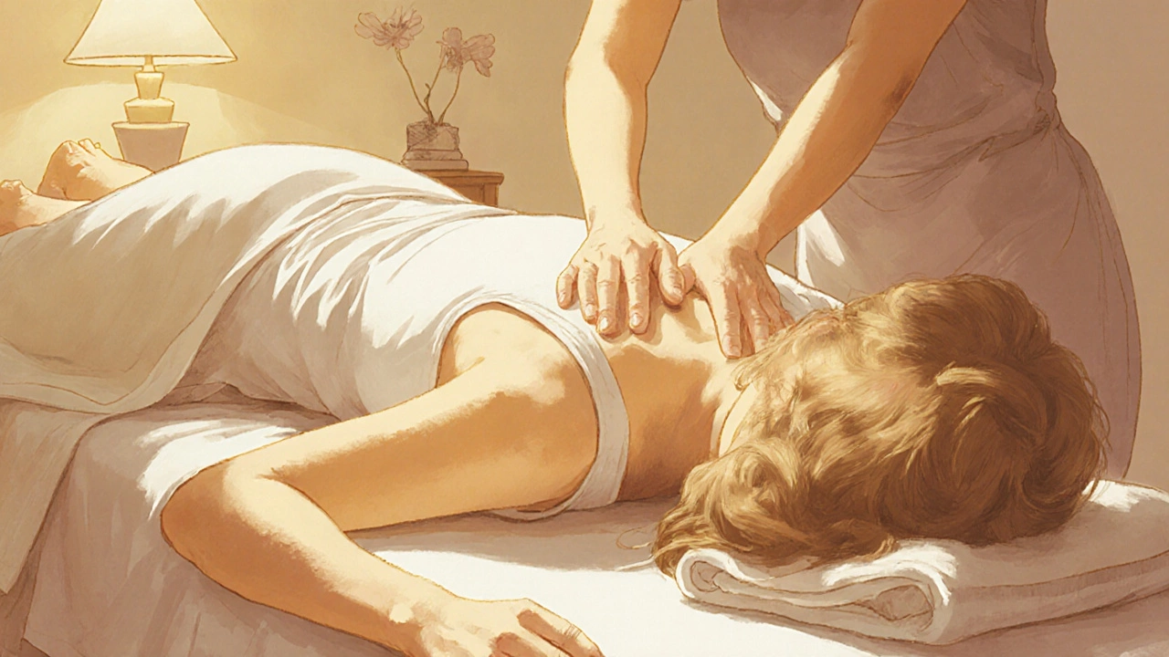 Массажист работает на спине женщины в свободной хлопковой футболке, мягкий свет и спокойная атмосфера.