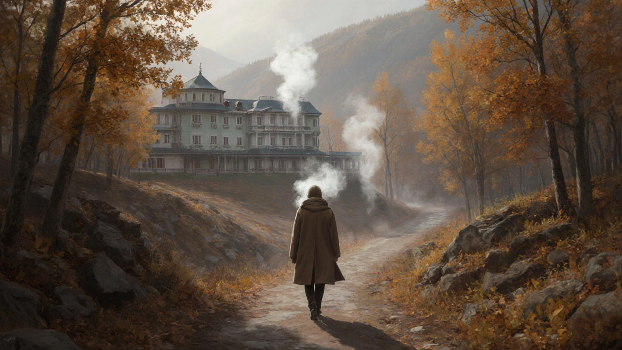 Октябрьский пейзаж Кисловодска: одинокий посетитель идёт по осенней тропе к санаторию.