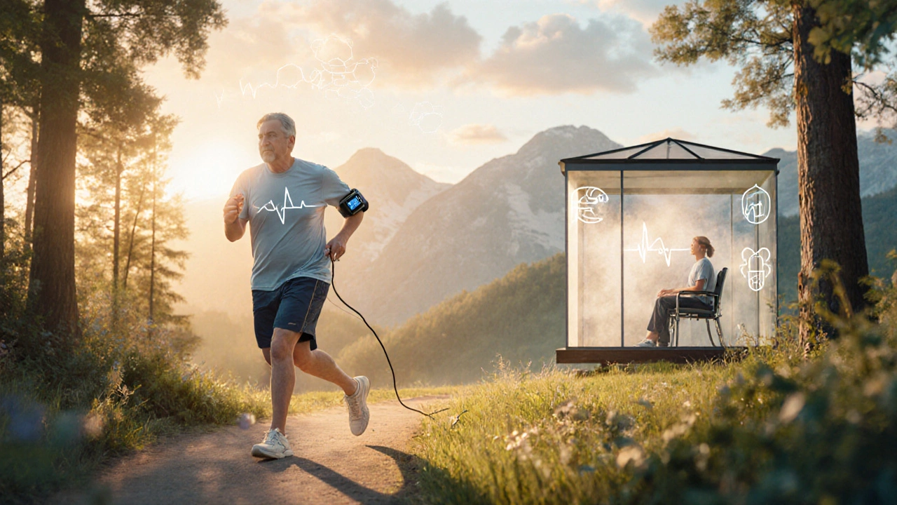 Пациент с гипертонией проходит контролируемую прогулку по лесной тропе с монитором ЭКГ.