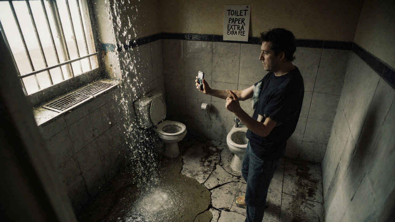 Путешественник снимает видео на телефон в грязной ванной с текущей водой из трубы.