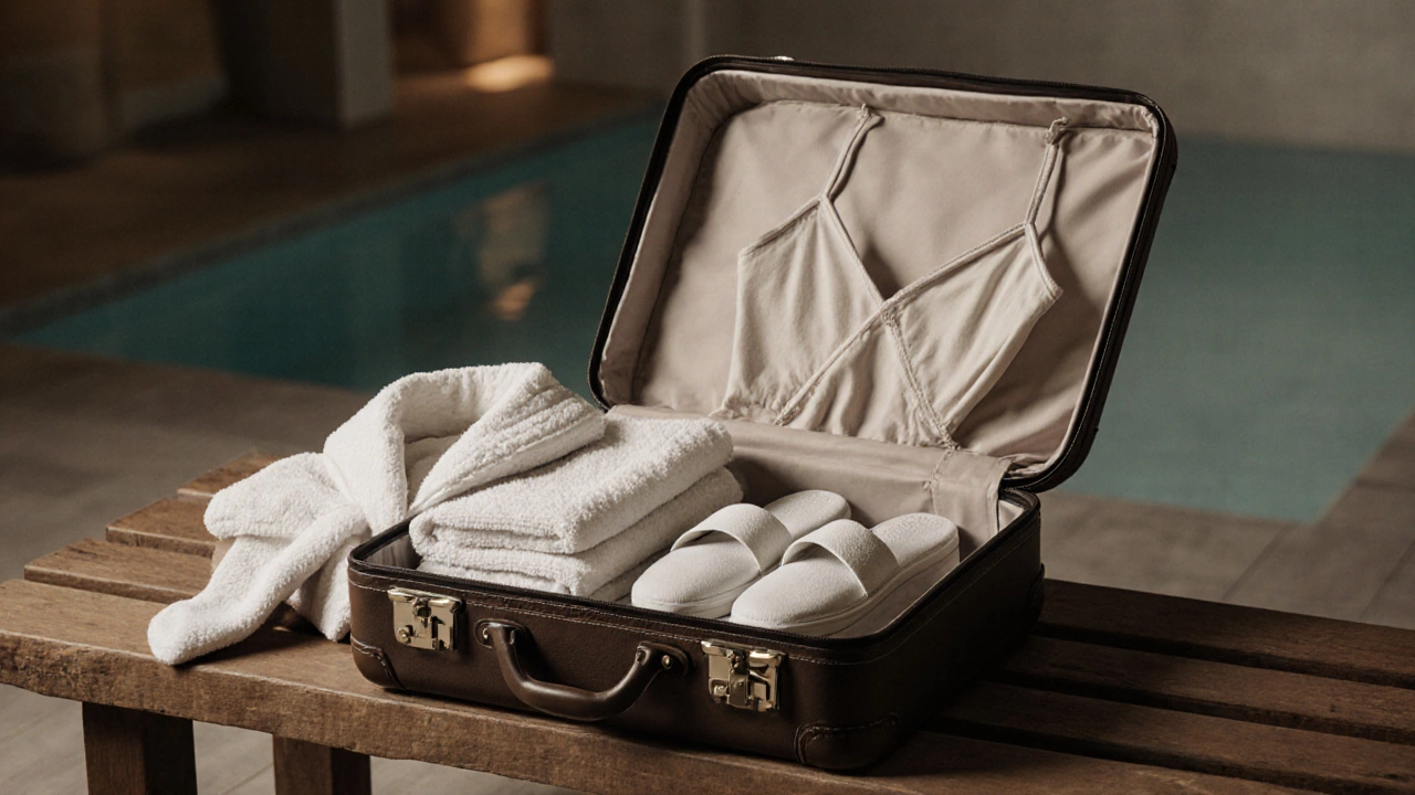 Распахнутый чемодан с одеждой для процедур: халат, тапочки, купальник, носки и полотенца.