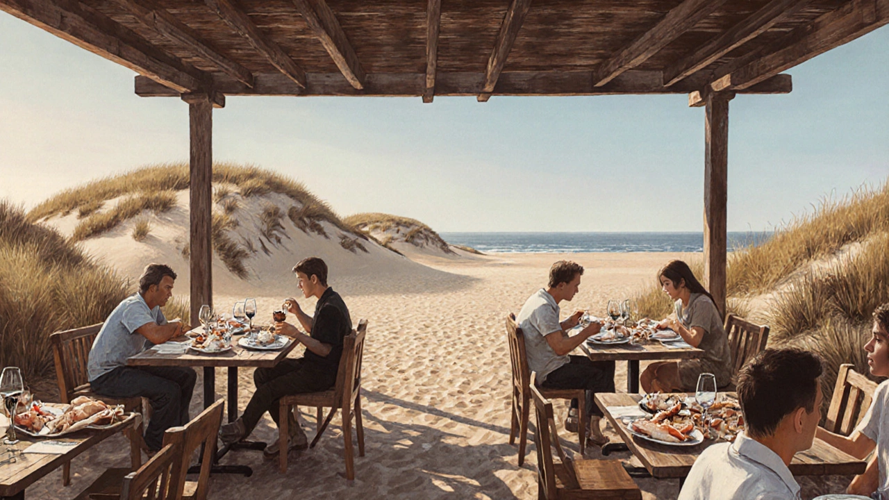 Ресторан на побережье Португалии с рыбой и вином на деревянных столах.