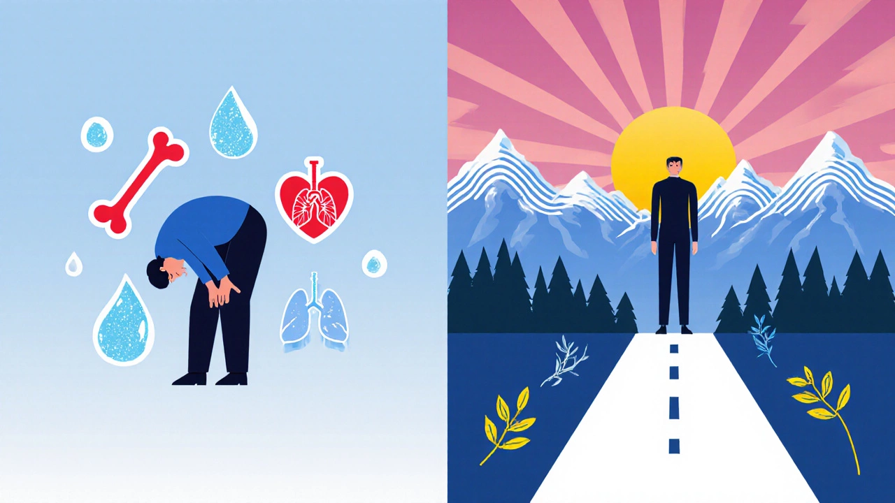 Символическое изображение перехода от болезни к восстановлению через санаторное лечение.