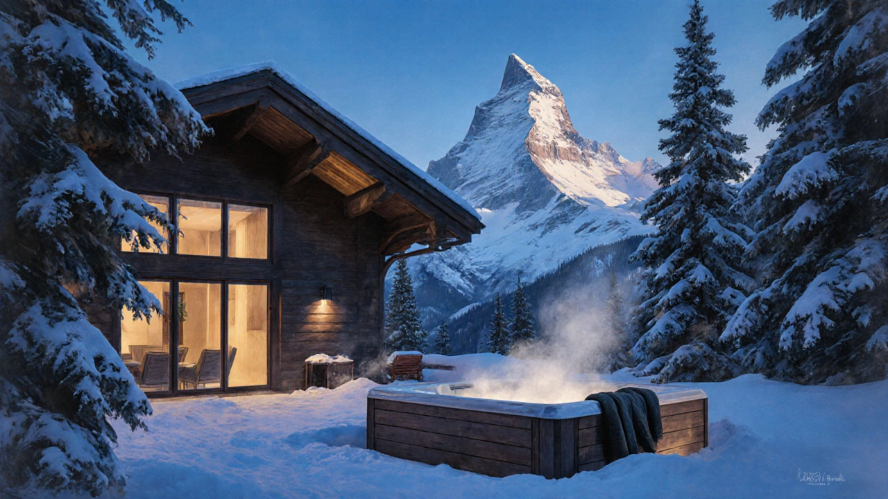 Швейцарский горный курорт зимой с видом на Маттерхорн и частным джакузи.