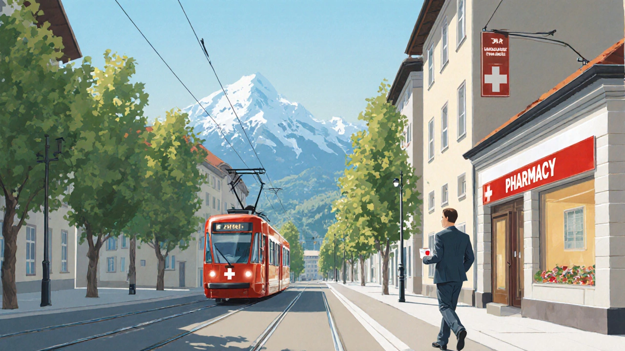 Тихая улица Цюриха с трамваем, горами и уютной архитектурой