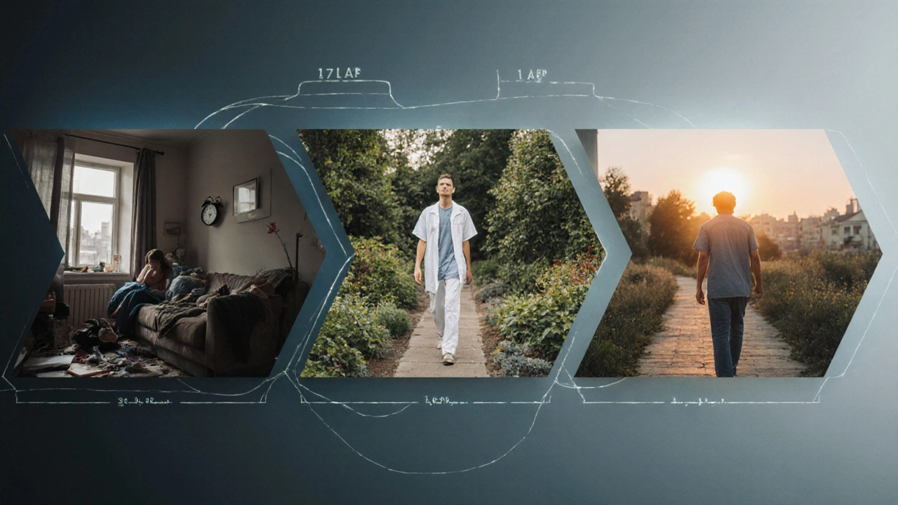 Три этапа жизни: усталый человек в городе, тот же человек в санатории, затем уверенный человек на природе — символизирует долгосрочное исцеление.