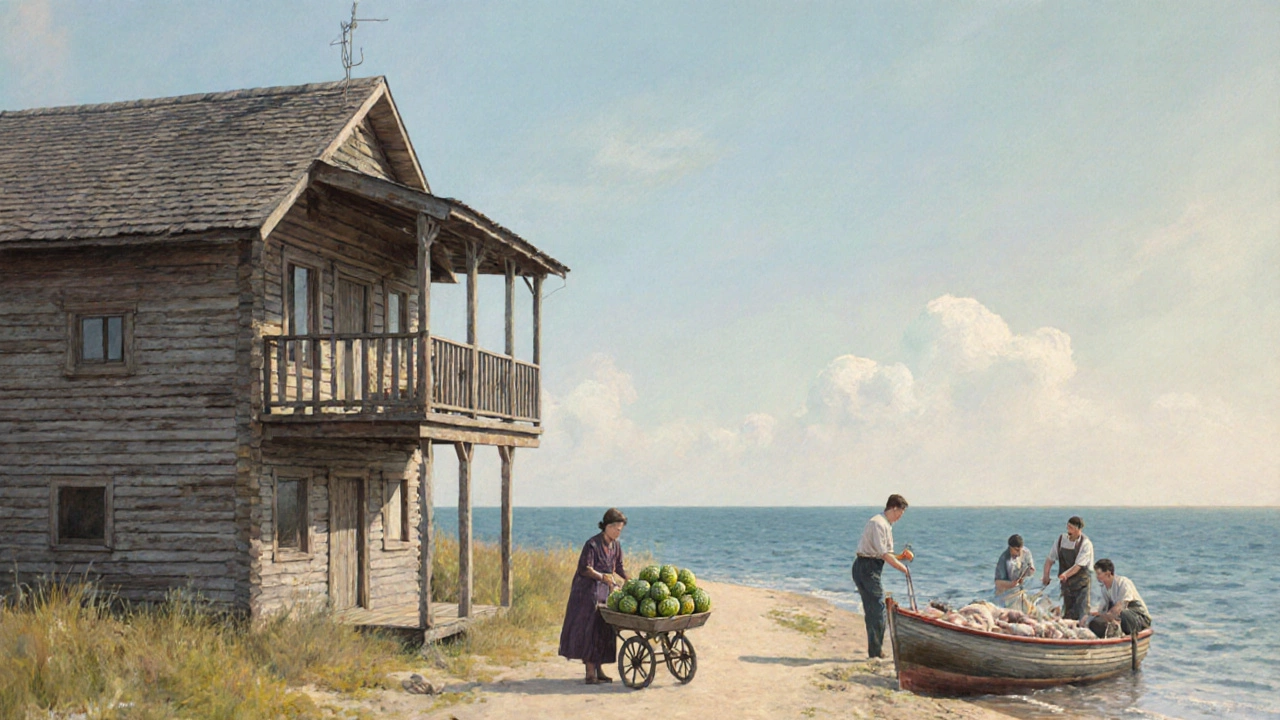 Уютная украинская деревня у Чёрного моря с продавцом арбузов и рыбаками.