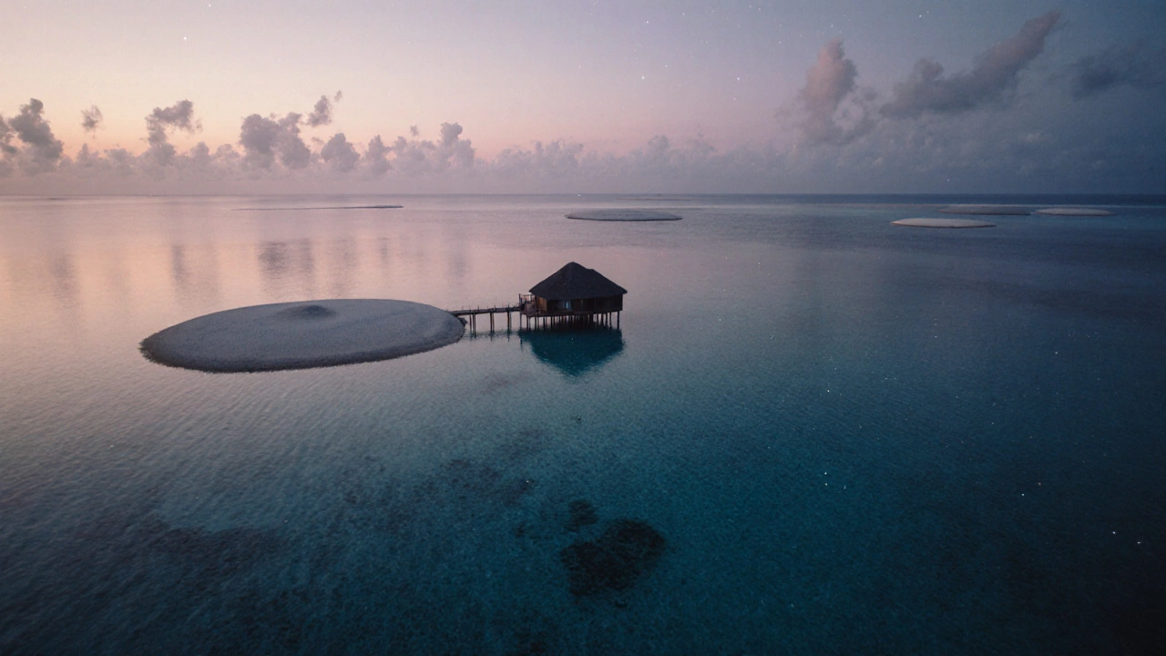 Воздушный вид на Мальдивы на закате: лагуны, как стекло, с отражением звёзд.