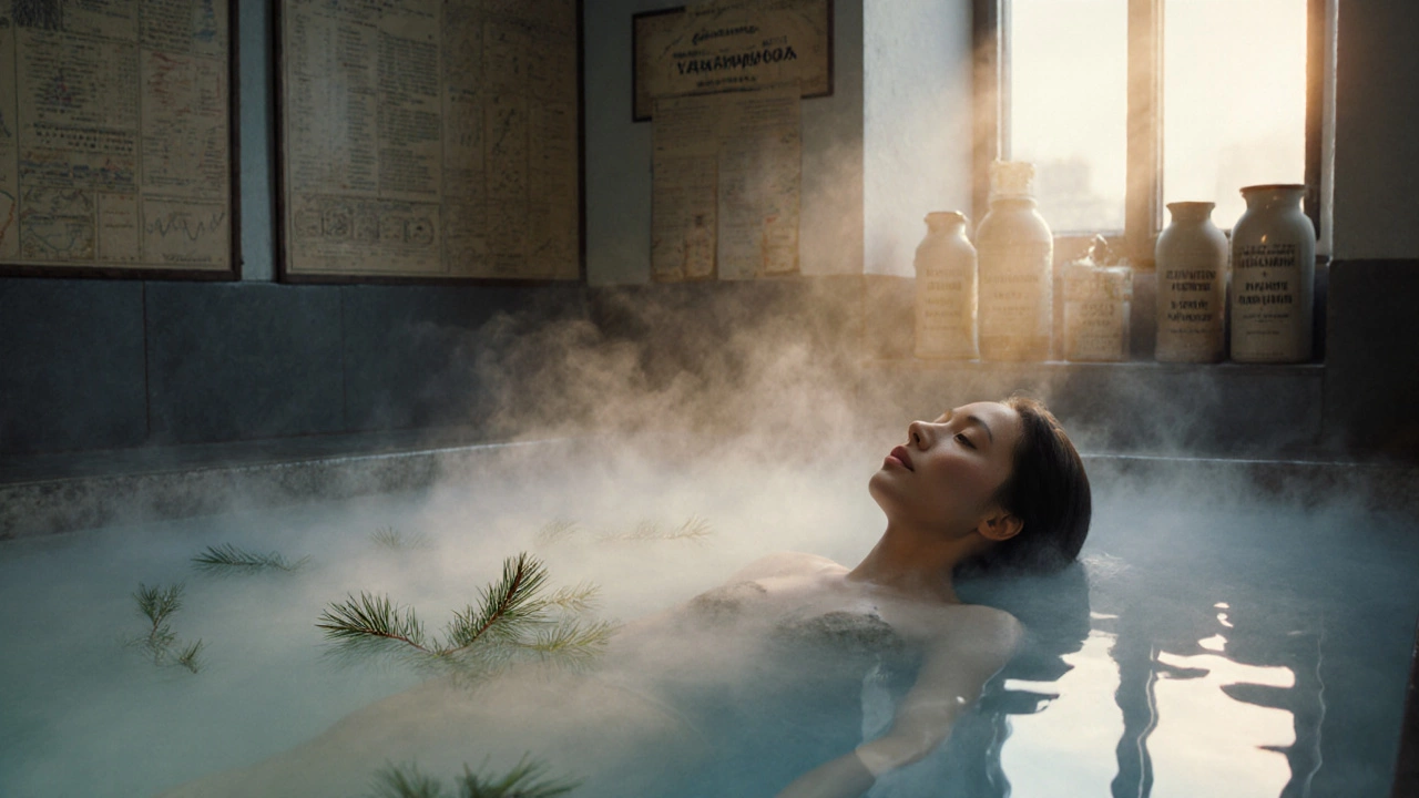 Женщина расслабляется в бромовой ванне с хвойными ветками на воде, мягкий закатный свет, спокойное выражение лица.