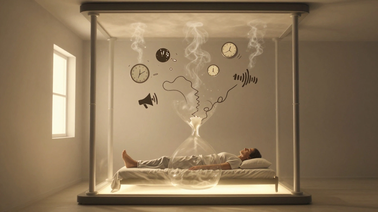 Человек спит в комнате, похожей на песочные часы, стрессы превращаются в пар и свет.