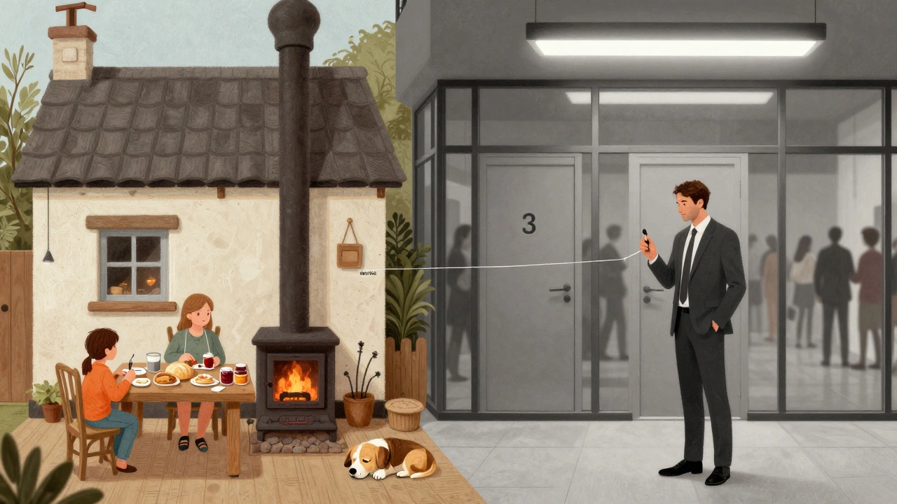 Контраст: тёплый домашний интерьер с семьёй слева и холодный отельный номер справа.