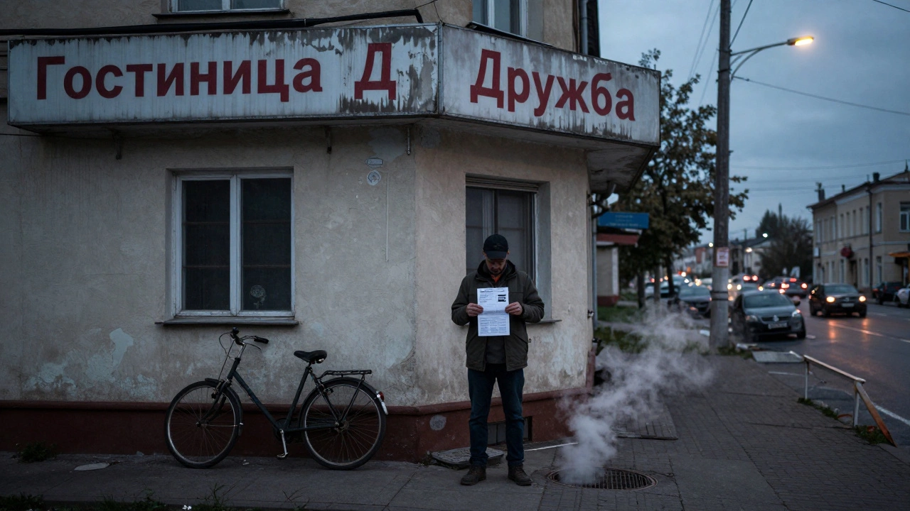 Маленькая гостиница на окраине Москвы, путник с бронированием, уличный свет и пар из люка.