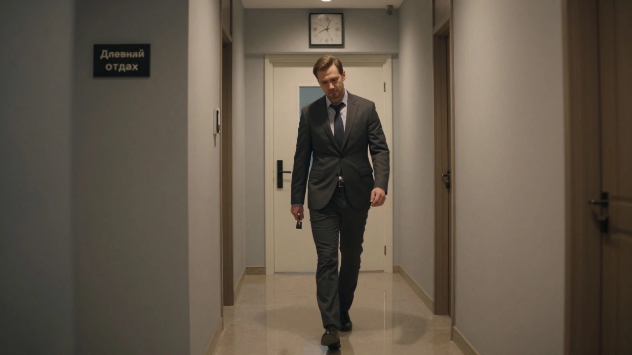 Мужчина в костюме идет по тихому коридору отеля с ключом в руке, дневной отдых.