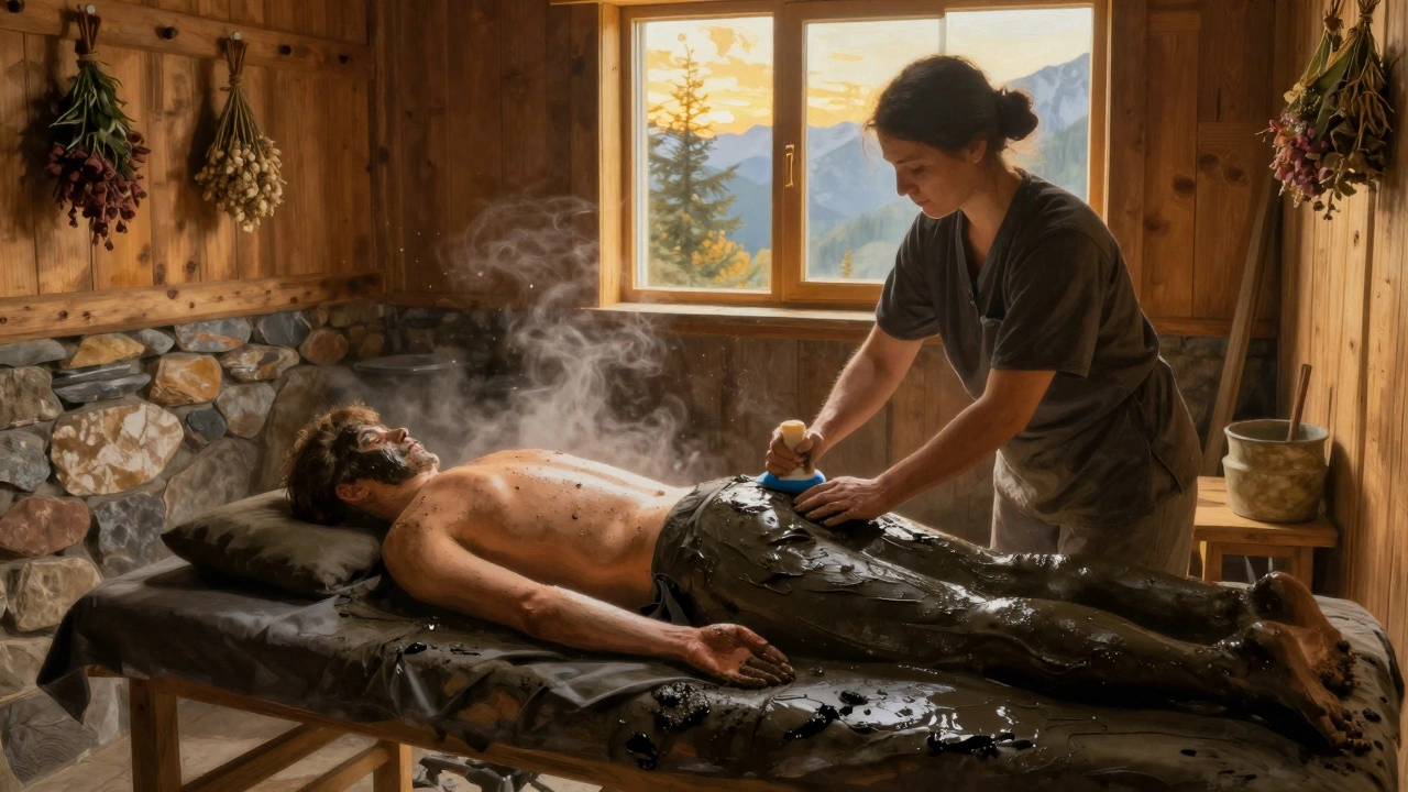 Пациент лежит на минеральной грязи, терапевт накладывает компресс в кавказском санатории.