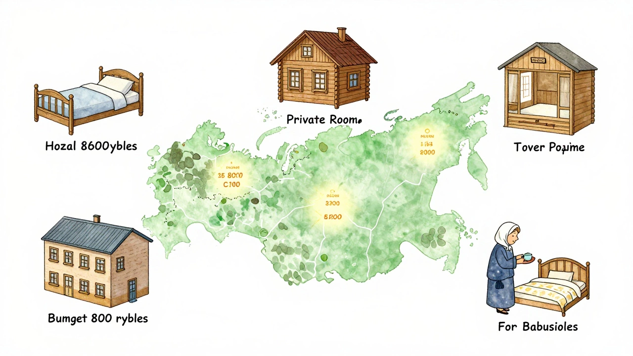 Пять типов бюджетного жилья в России на карте: хостел, комната в доме, гостиница, общежитие и комната у бабушки.