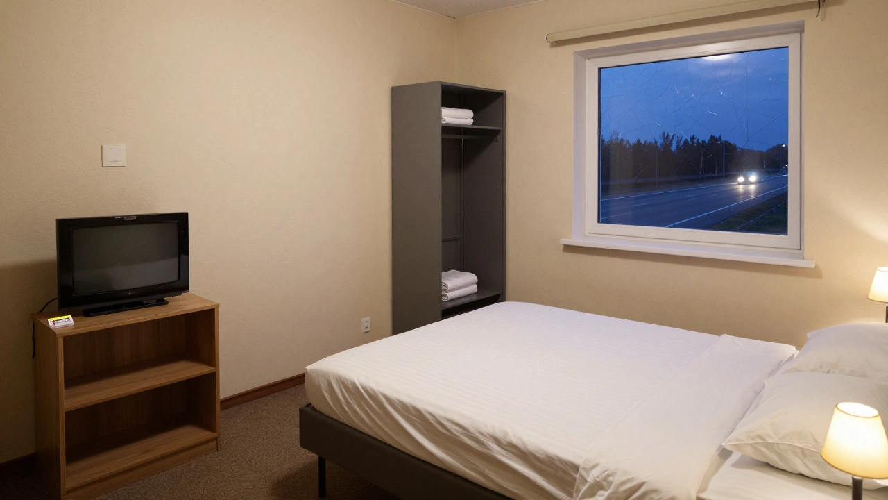 Простая комната гостиницы у трассы с одной лампой и ключом на тумбочке.