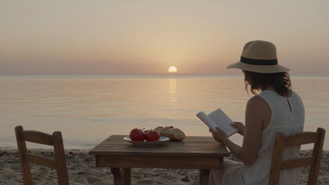 Пустой стул у моря в Сардинии, тарелка с помидорами, закат в зеркале воды.