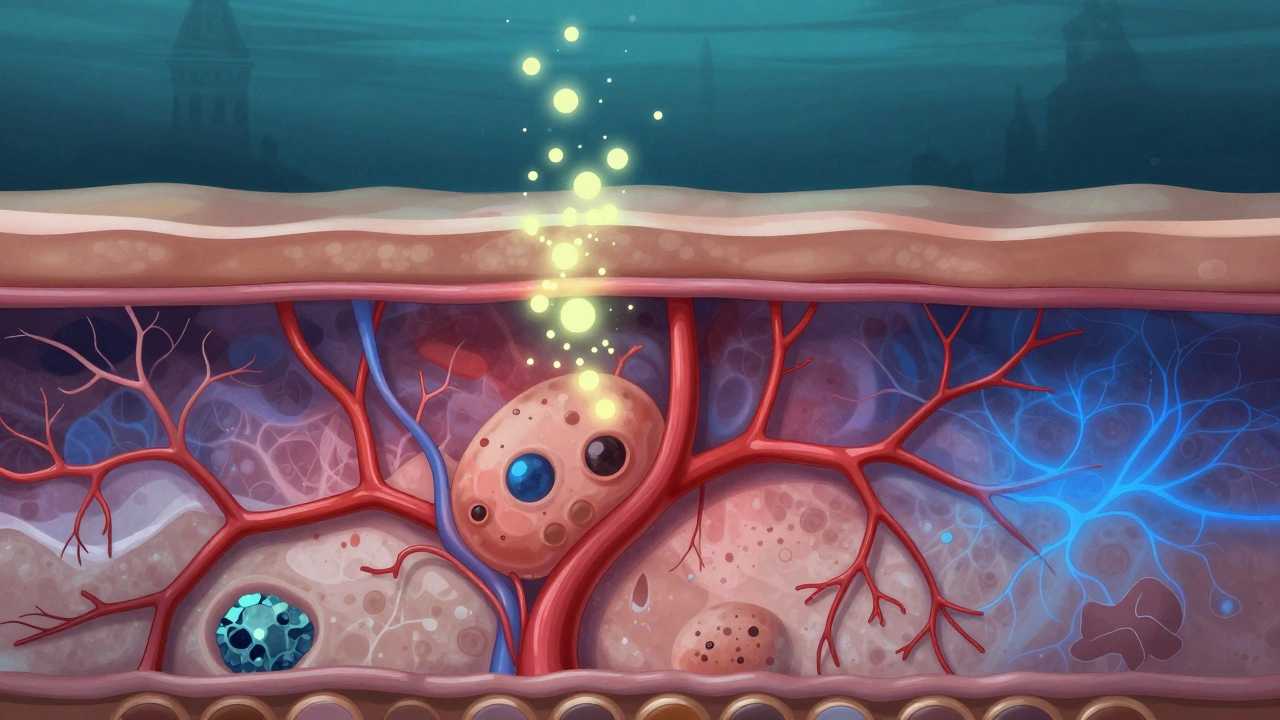 Разрез кожи под водой с минералами, расширенными сосудами и снижающимися болевыми сигналами.