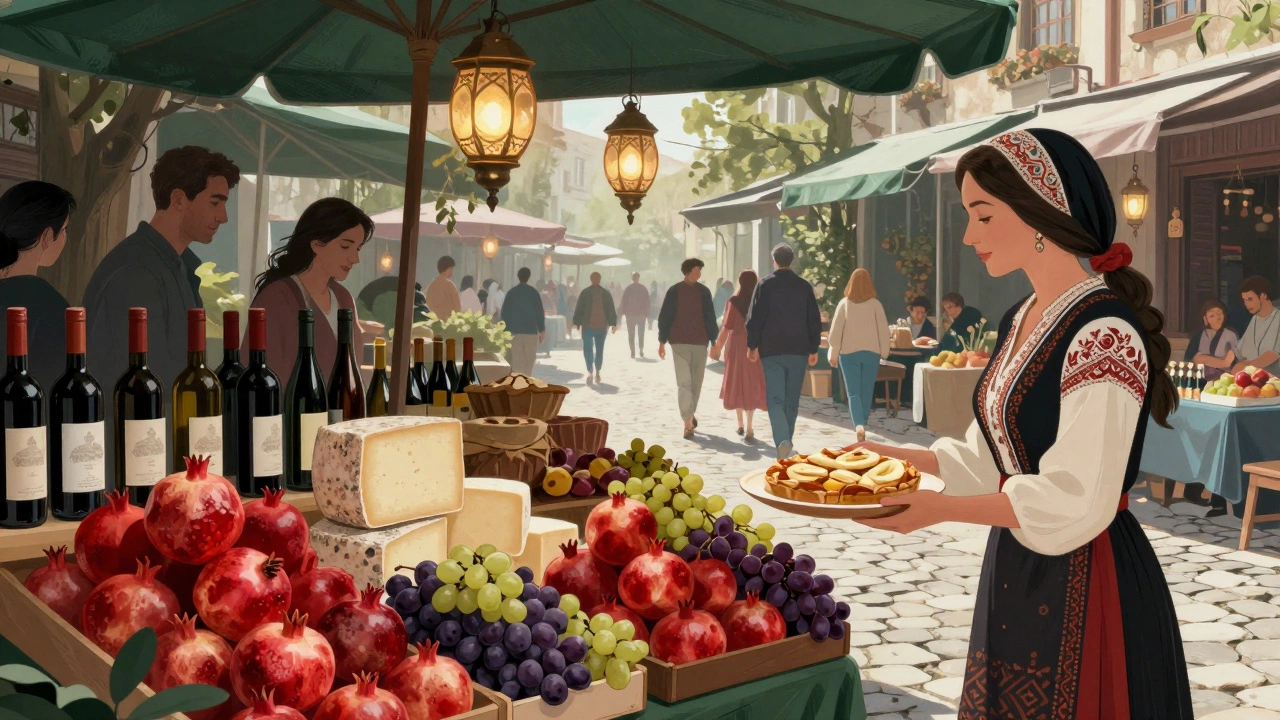 Рынок в Батуми, Грузия, с фруктами, вином и местной едой на прилавках.