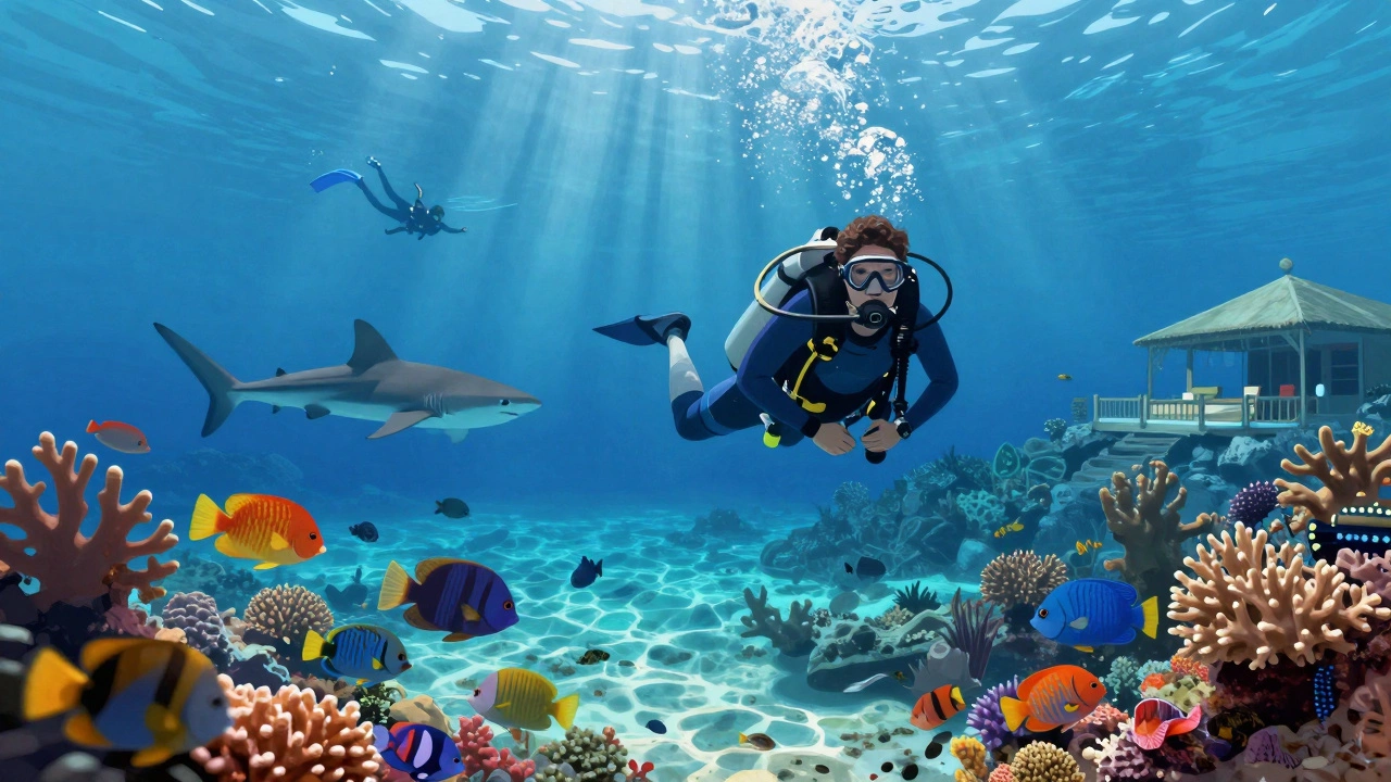 Скверна с дайвером над коралловыми рифами Шарм-эль-Шейха, стая рыб и акула вдалеке.